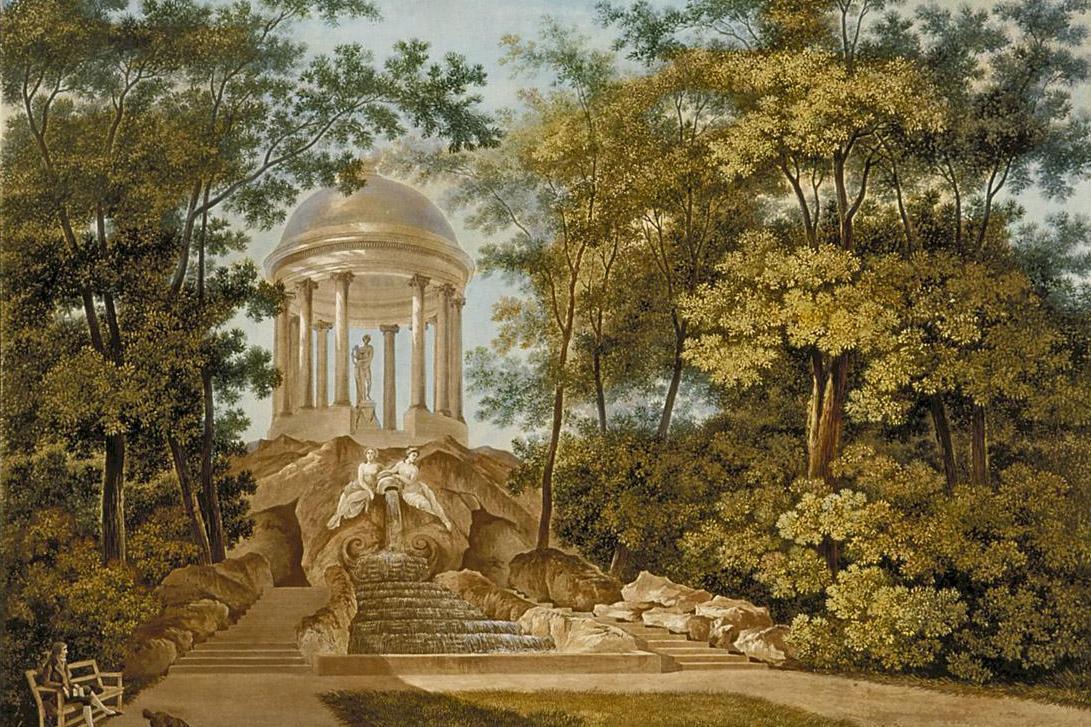 Apollotempel im Schlossgarten Schwetzingen, Aquatinta, mehrfarbig koloriert, Carl Kuntz, 1796