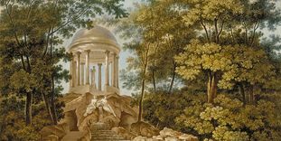 Apollotempel im Schlossgarten Schwetzingen, Aquatinta, mehrfarbig coloriert, Carl Kuntz, 1796