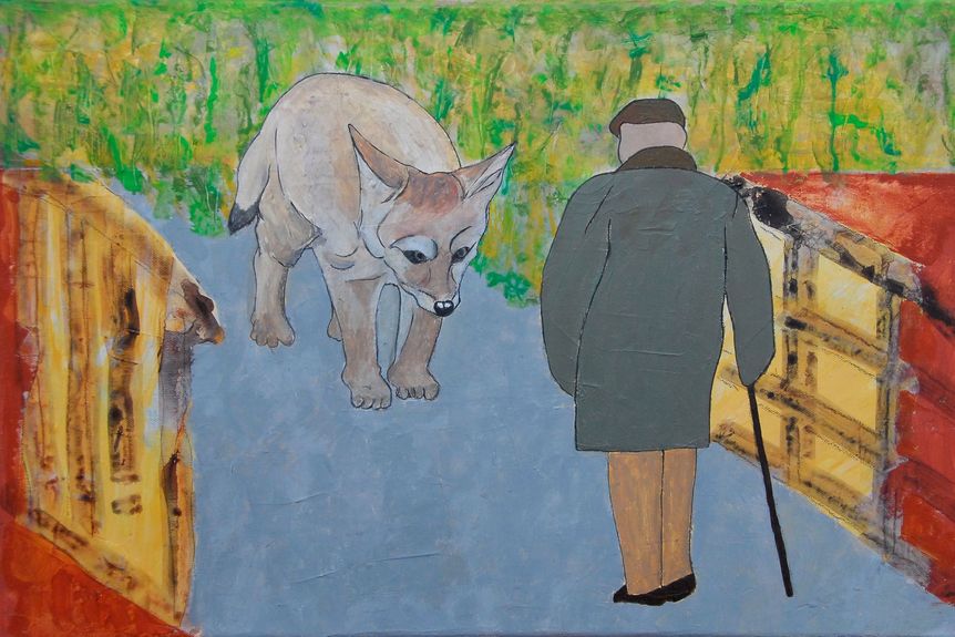 Gemälde mit Mann von hinten und großem Fuchs