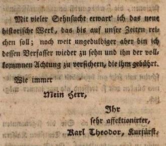 Grußformel Carl Theodors aus der Korrespondenz mit Voltaire, 1754