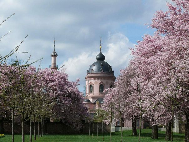 Schwetzingen Palace and Gardens, View of the mosque with cherry trees