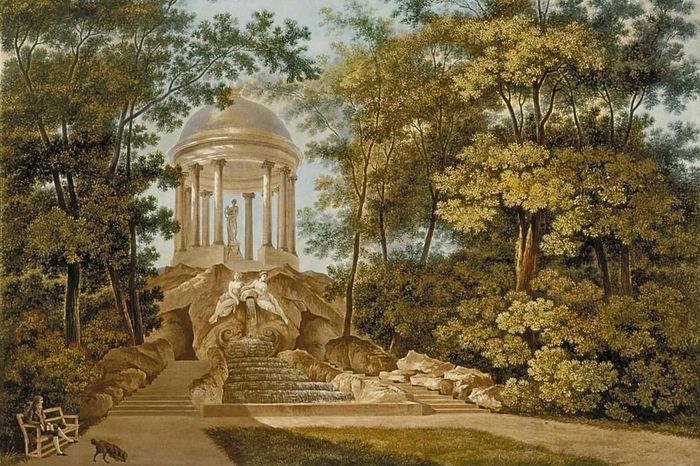 Apollotempel im Schwetzinger Schlossgarten, Aquatinta, mehrfarbig koloriert, von Carl Kuntz, 1796