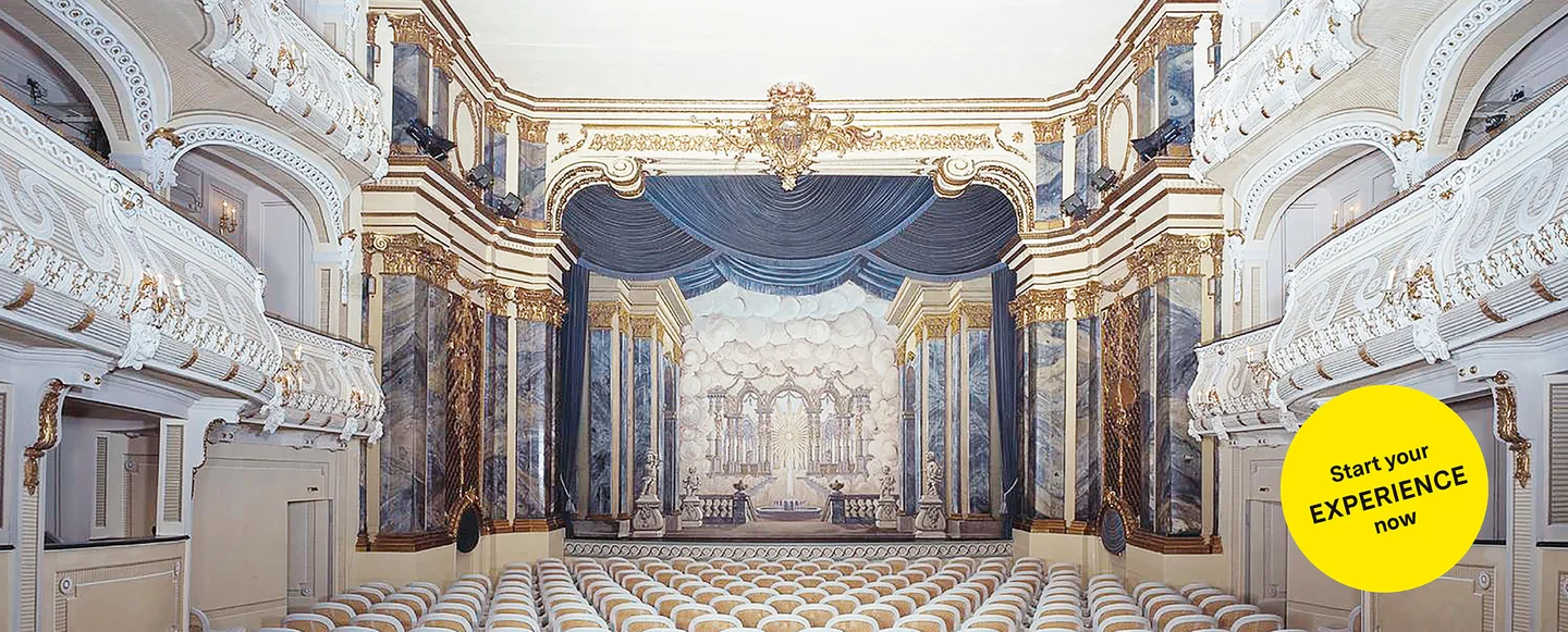 Credits: Staatliche Schlösser und Gärten Baden-Württemberg, Illustration: JUNG:Kommunikation GmbH Schwetzingen Palace Gardens, advertising banner for the app "Monument BW"